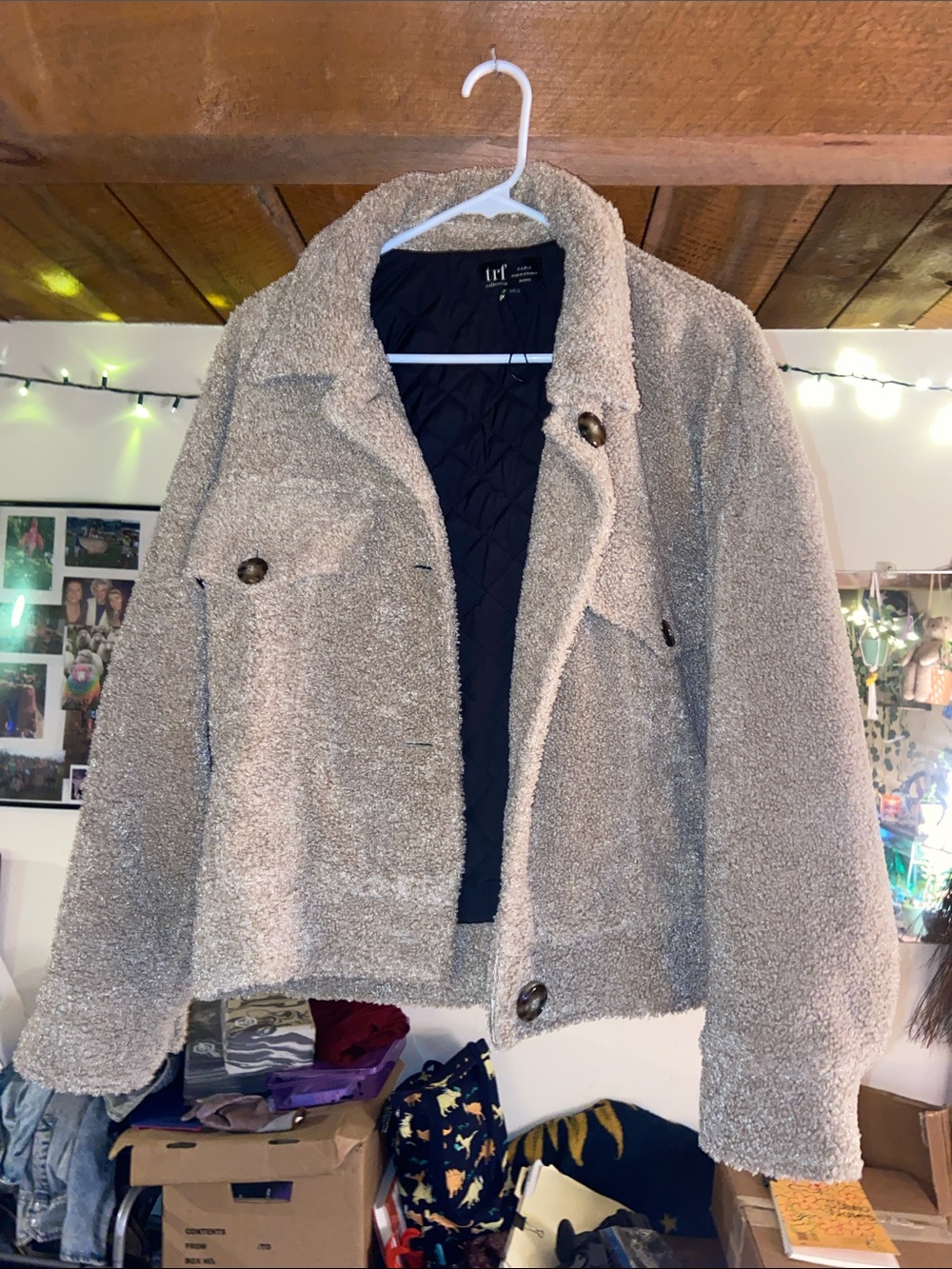 Zara Taupe Teddy Jacket with Black Quilted Lining